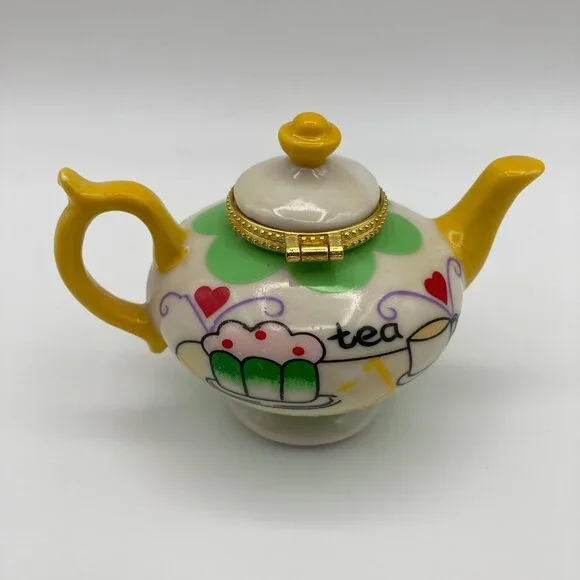 Miniature Porcelain Hinged Teapot Trinket, Pill, Jewelry Holder - Picture 2 of 7